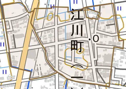 江川町とその周辺の地図。町の範囲を重ねている