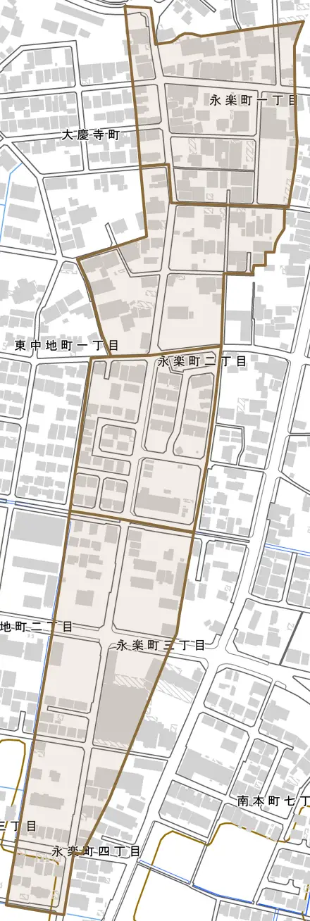 永楽町とその周辺の地図。町の範囲を重ねている