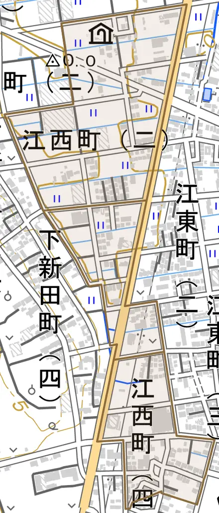 江西町とその周辺の地図。町の範囲を重ねている