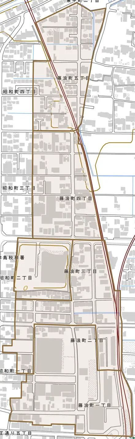 藤浪町とその周辺の地図。町の範囲を重ねている