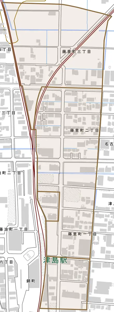 藤里町とその周辺の地図。町の範囲を重ねている