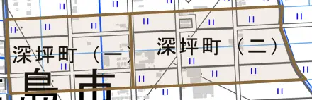 深坪町とその周辺の地図。町の範囲を重ねている