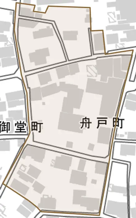 舟戸町とその周辺の地図。町の範囲を重ねている
