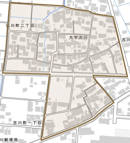 大字古川とその周辺の地図。町の範囲を重ねている
