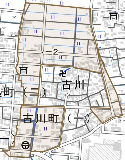 古川町とその周辺の地図。町の範囲を重ねている