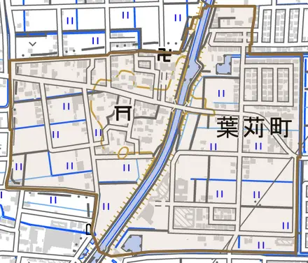葉苅町とその周辺の地図。町の範囲を重ねている