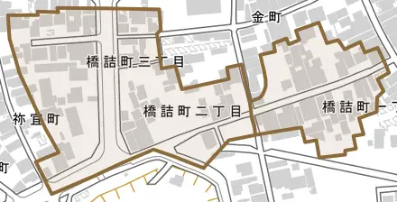 橋詰町とその周辺の地図。町の範囲を重ねている