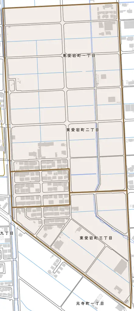 東愛宕町とその周辺の地図。町の範囲を重ねている