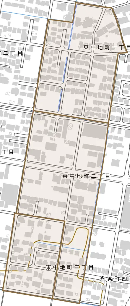 東中地町とその周辺の地図。町の範囲を重ねている