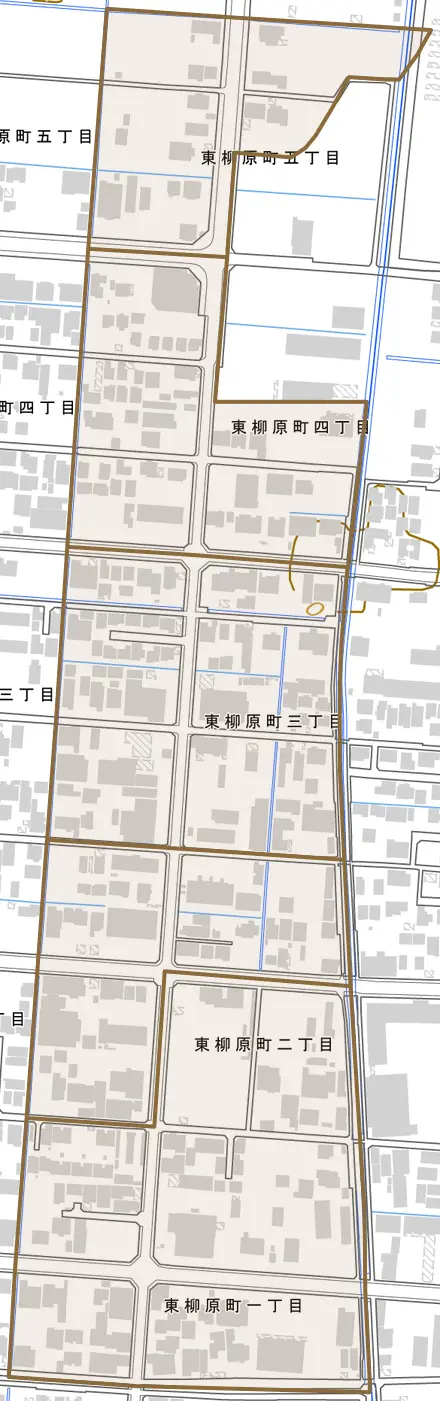 東柳原町とその周辺の地図。町の範囲を重ねている