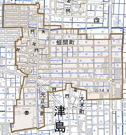 蛭間町とその周辺の地図。町の範囲を重ねている