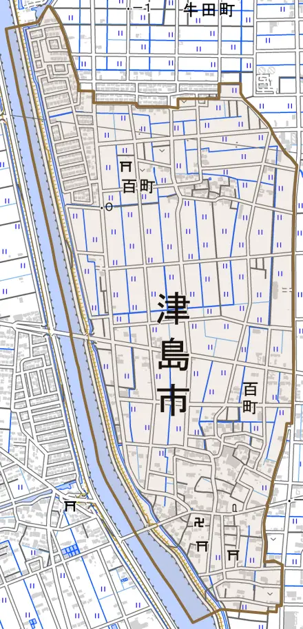 百町とその周辺の地図。町の範囲を重ねている