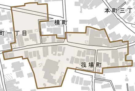 筏場町とその周辺の地図。町の範囲を重ねている