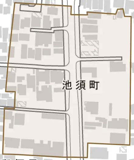 池須町とその周辺の地図。町の範囲を重ねている