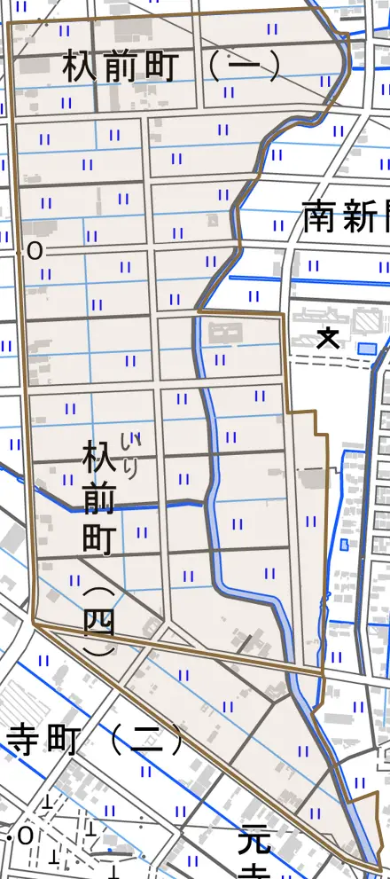 杁前町とその周辺の地図。町の範囲を重ねている