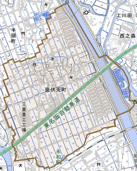 鹿伏兎町とその周辺の地図。町の範囲を重ねている