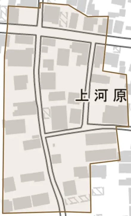 上河原町とその周辺の地図。町の範囲を重ねている
