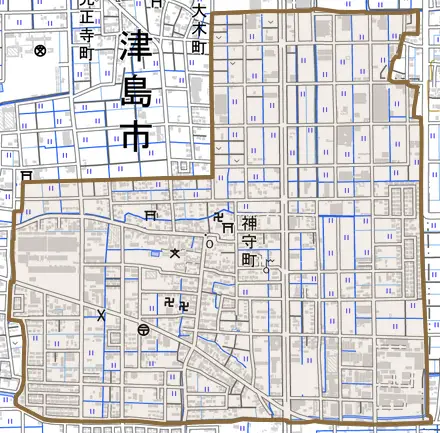 神守町とその周辺の地図。町の範囲を重ねている