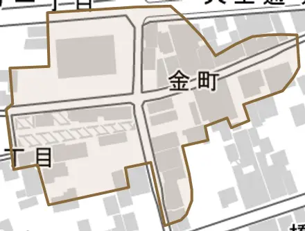 金町とその周辺の地図。町の範囲を重ねている