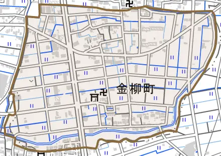 金柳町とその周辺の地図。町の範囲を重ねている