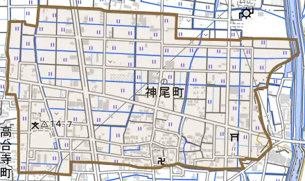 神尾町とその周辺の地図。町の範囲を重ねている