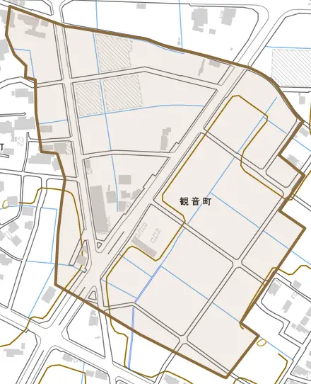 観音町とその周辺の地図。町の範囲を重ねている