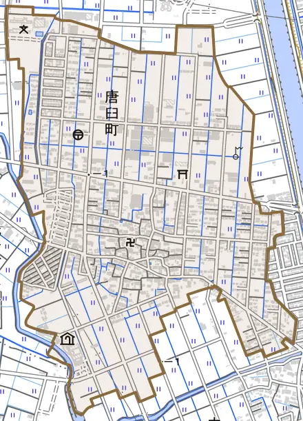 唐臼町とその周辺の地図。町の範囲を重ねている