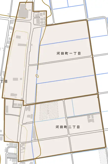 河田町とその周辺の地図。町の範囲を重ねている
