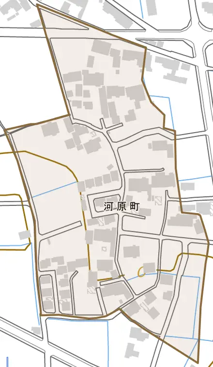 河原町とその周辺の地図。町の範囲を重ねている