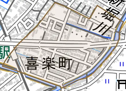 喜楽町とその周辺の地図。町の範囲を重ねている
