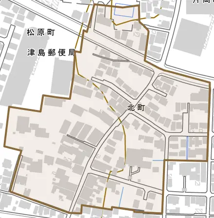 北町とその周辺の地図。町の範囲を重ねている