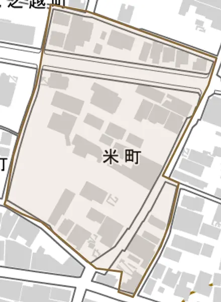 米町とその周辺の地図。町の範囲を重ねている