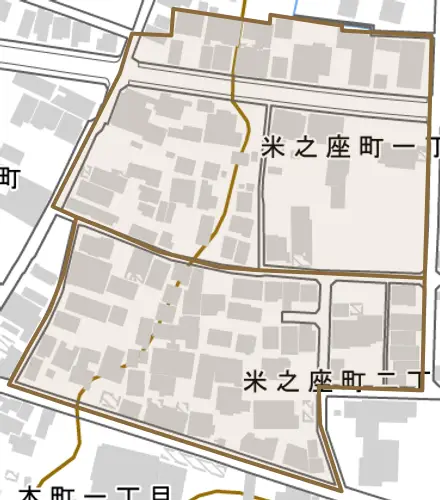 米之座町とその周辺の地図。町の範囲を重ねている