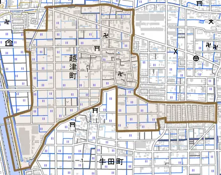 越津町とその周辺の地図。町の範囲を重ねている