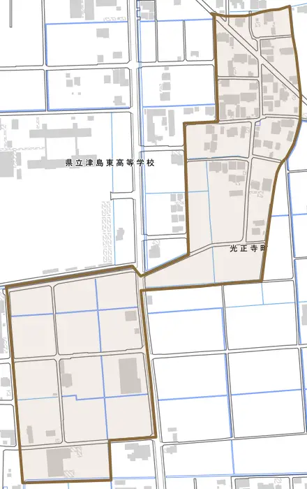 光正寺町とその周辺の地図。町の範囲を重ねている