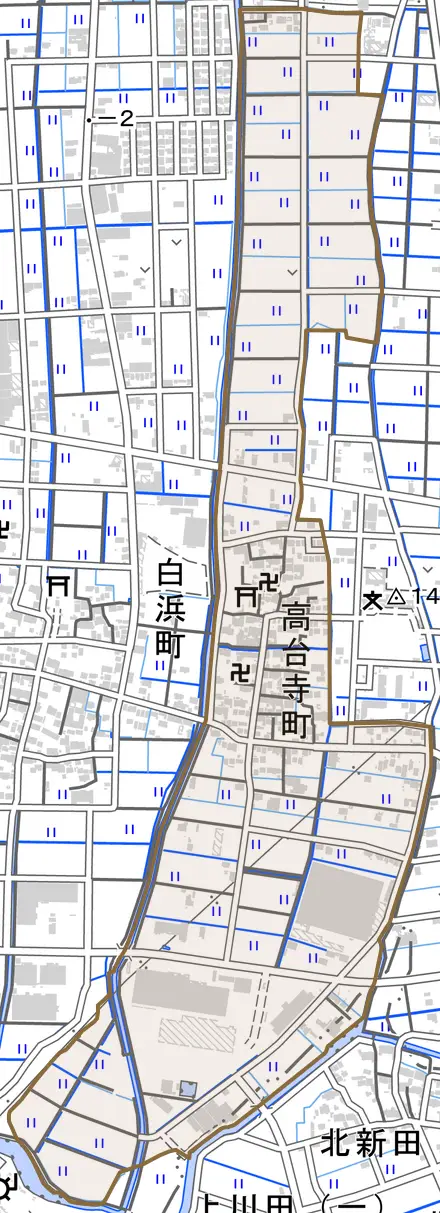 高台寺町とその周辺の地図。町の範囲を重ねている