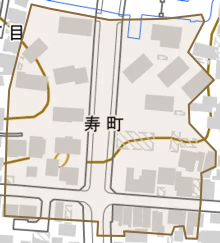 寿町とその周辺の地図。町の範囲を重ねている