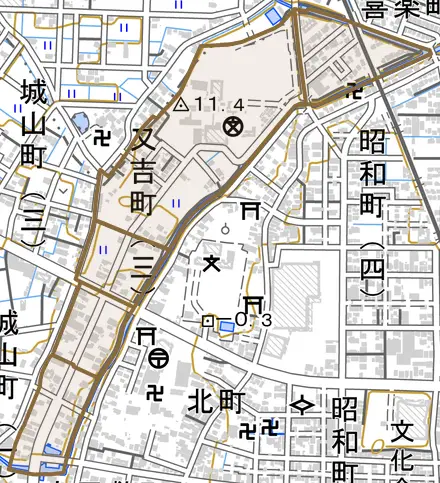 又吉町とその周辺の地図。町の範囲を重ねている