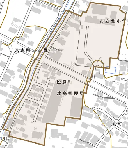 松原町とその周辺の地図。町の範囲を重ねている