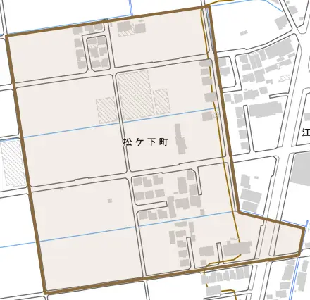 松ケ下町とその周辺の地図。町の範囲を重ねている