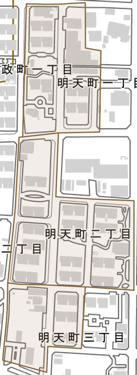 明天町とその周辺の地図。町の範囲を重ねている