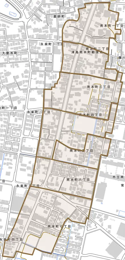 南本町とその周辺の地図。町の範囲を重ねている