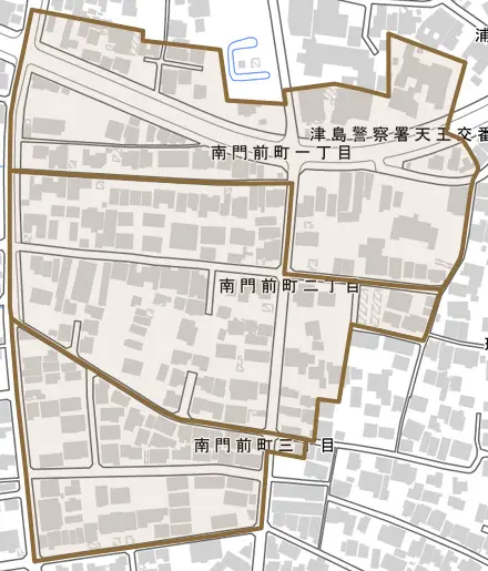 南門前町とその周辺の地図。町の範囲を重ねている