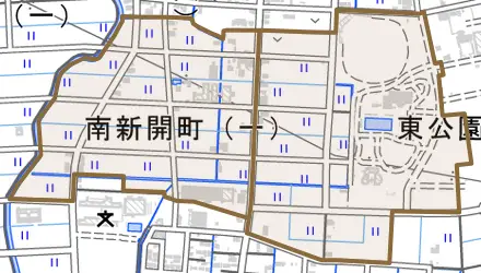 南新開町とその周辺の地図。町の範囲を重ねている