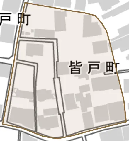 皆戸町とその周辺の地図。町の範囲を重ねている