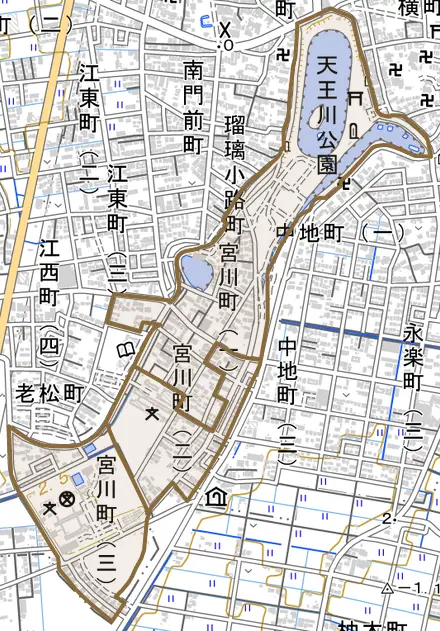 宮川町とその周辺の地図。町の範囲を重ねている