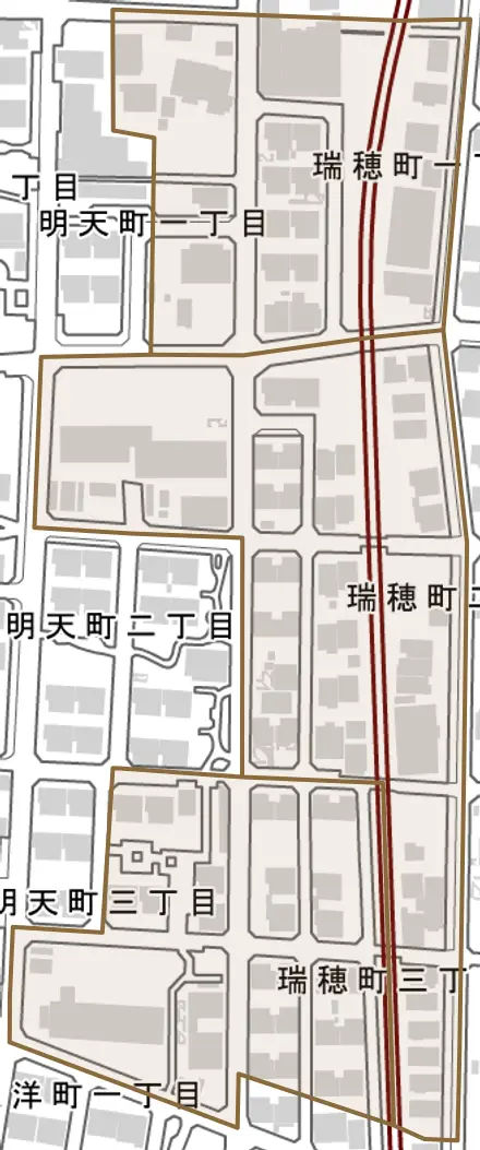 瑞穂町とその周辺の地図。町の範囲を重ねている