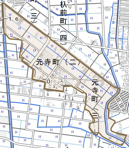 元寺町とその周辺の地図。町の範囲を重ねている