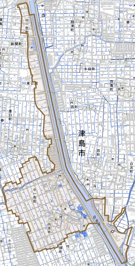 中一色町とその周辺の地図。町の範囲を重ねている