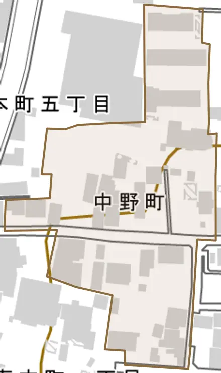 中野町とその周辺の地図。町の範囲を重ねている